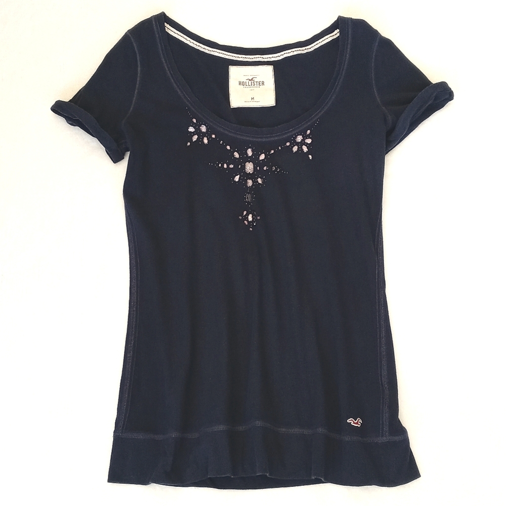 Hollister Women's Navy Blue Embellished Jeweled Shimmering Short Sleeve Top M
